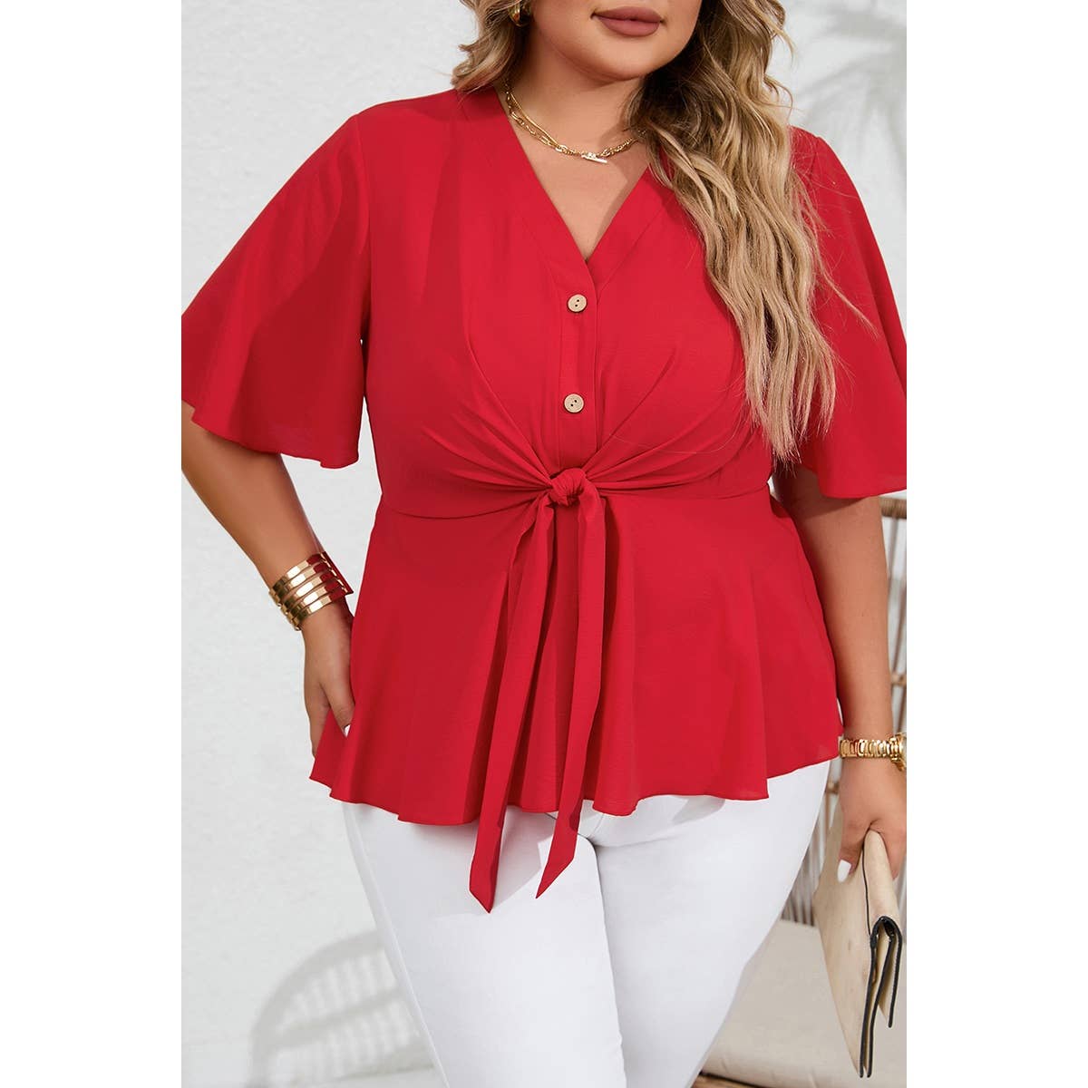 Plus Tie Front Half Button V Neck Solid Blouse - MVTFASHION.COM