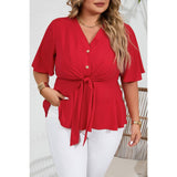 Plus Tie Front Half Button V Neck Solid Blouse - MVTFASHION.COM