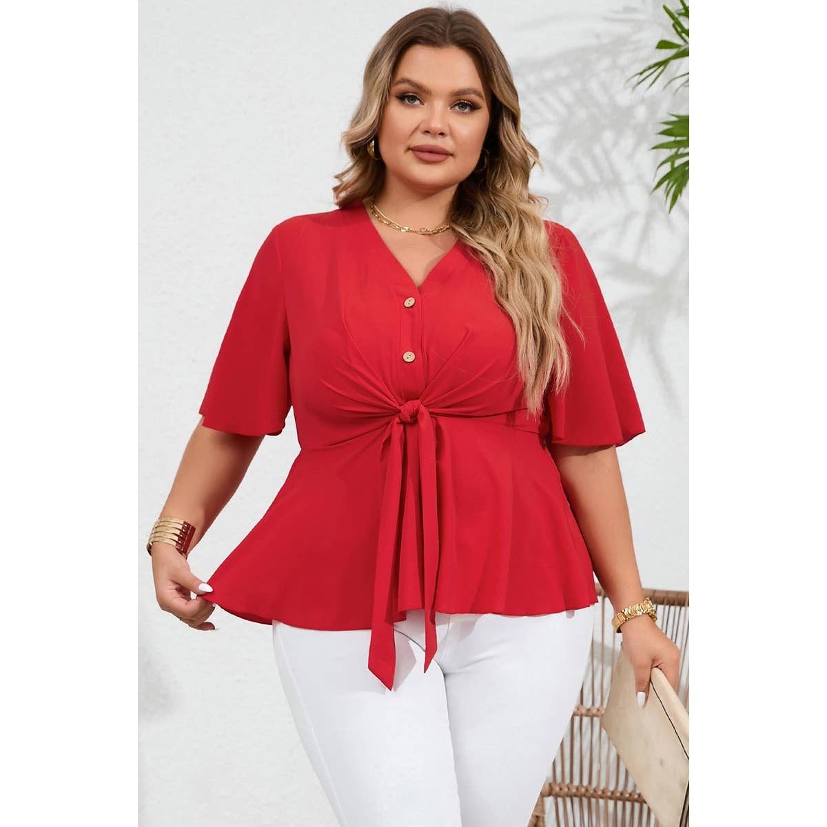 Plus Tie Front Half Button V Neck Solid Blouse - MVTFASHION.COM