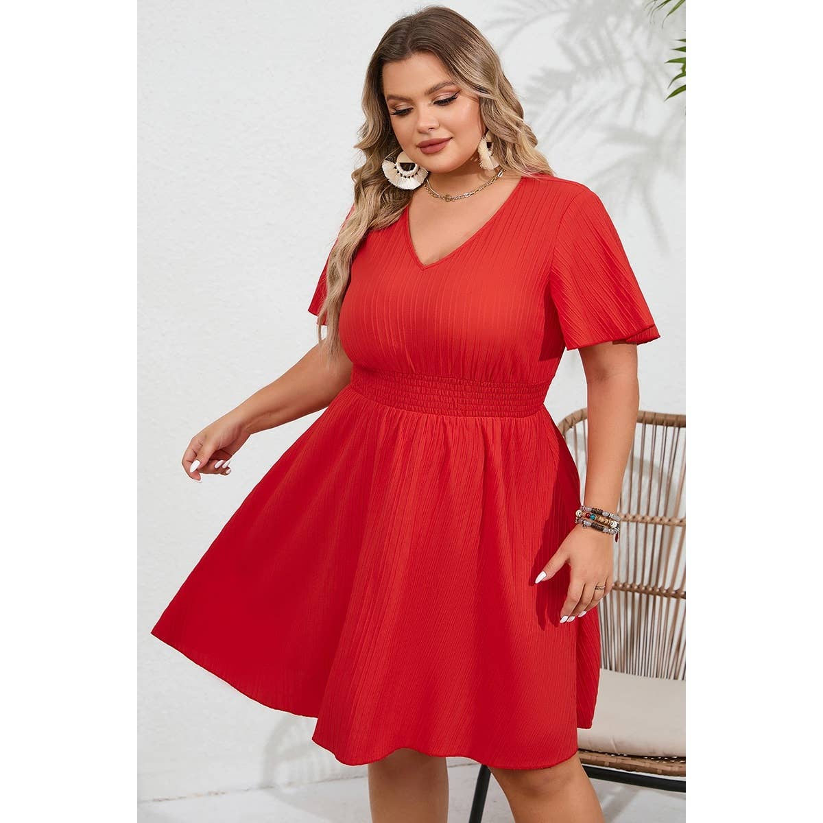 Plus V Neck Elastic Waist Fit Ruffle Midi Dress - MVTFASHION.COM