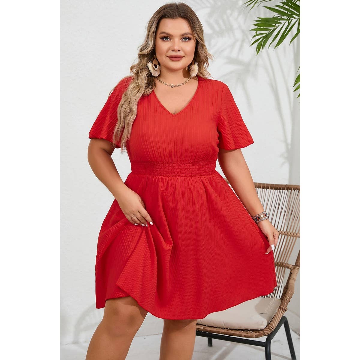 Plus V Neck Elastic Waist Fit Ruffle Midi Dress - MVTFASHION.COM