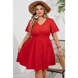 Plus V Neck Elastic Waist Fit Ruffle Midi Dress - MVTFASHION.COM