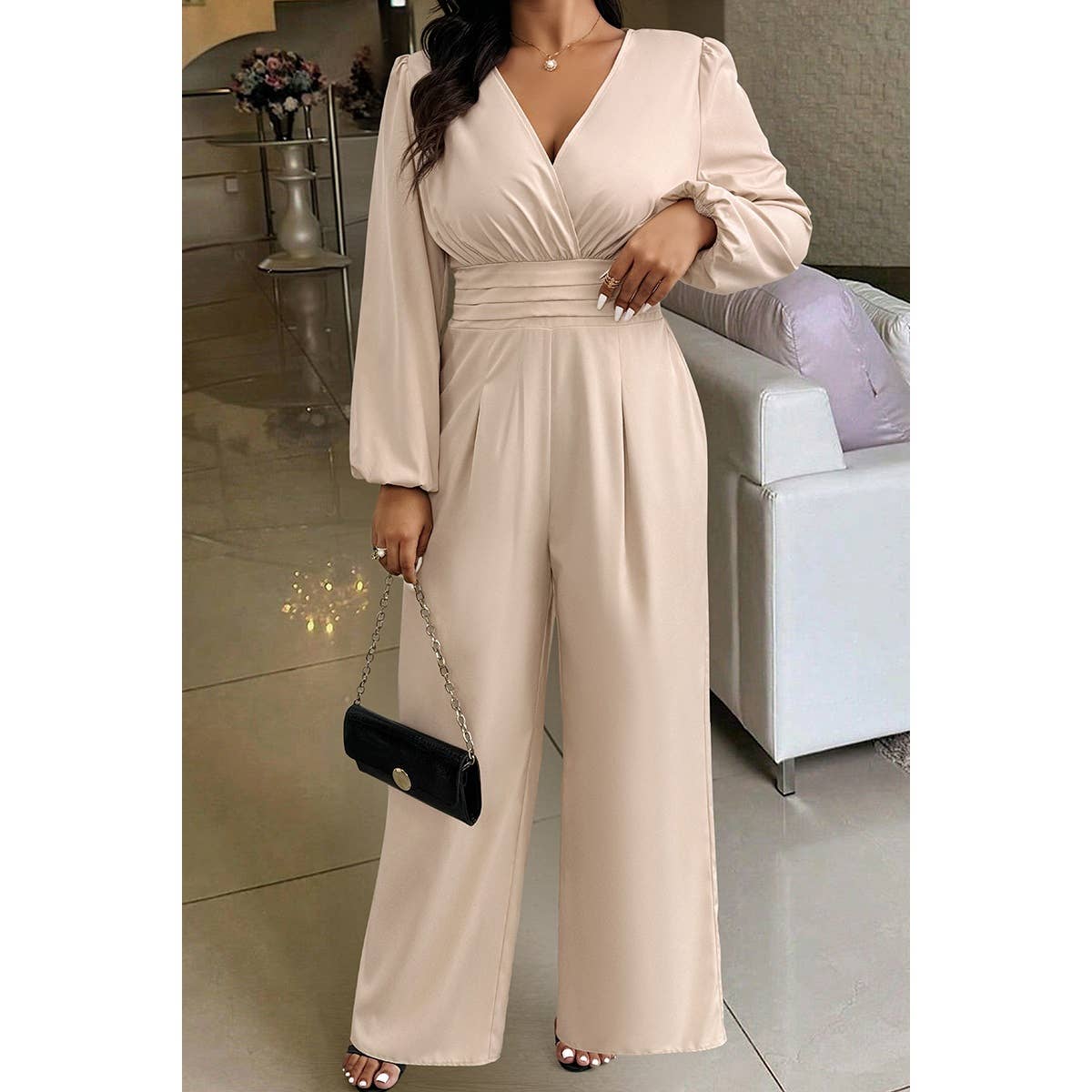 Plus Waist Band Bell Sleeve Wide Leg Jumpsuit - MVTFASHION.COM