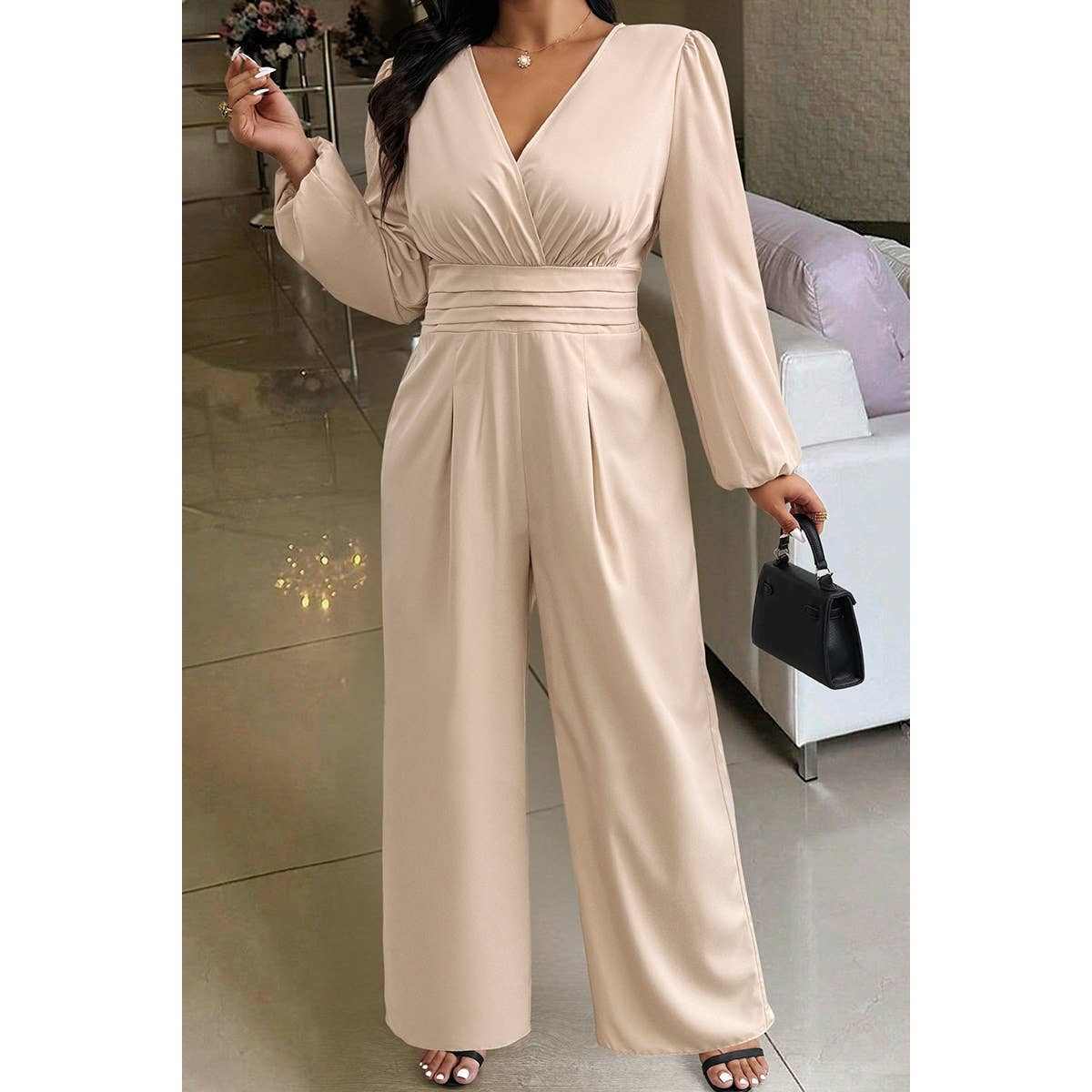 Plus Waist Band Bell Sleeve Wide Leg Jumpsuit - MVTFASHION.COM