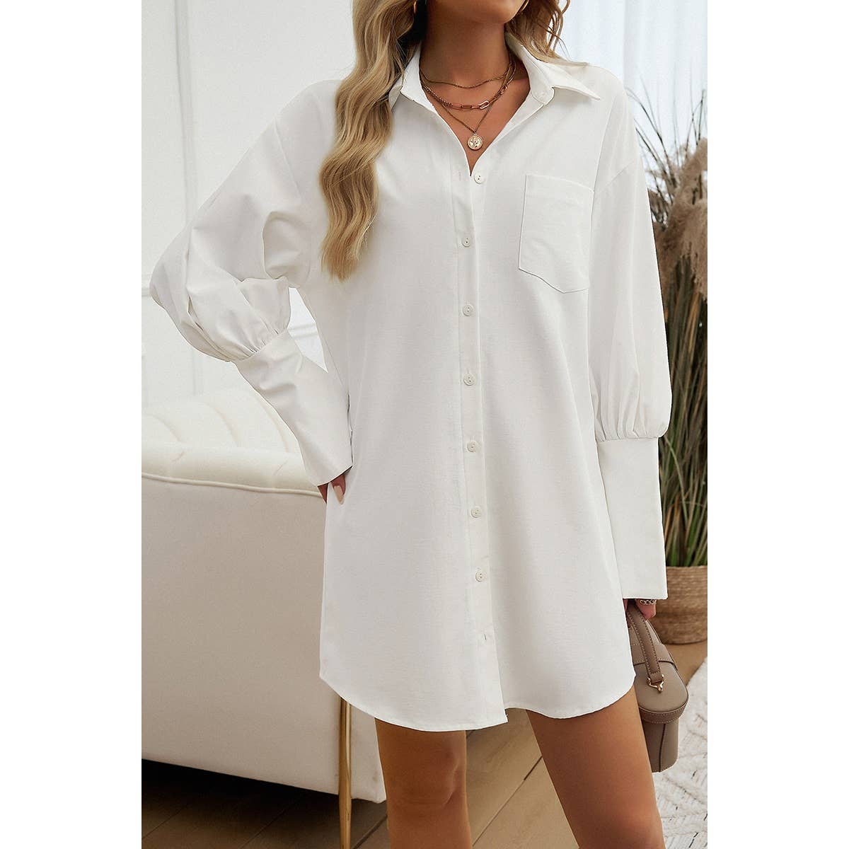 Pocket Solid Button Up Lantern Sleeve Shirt Dress - MVTFASHION.COM