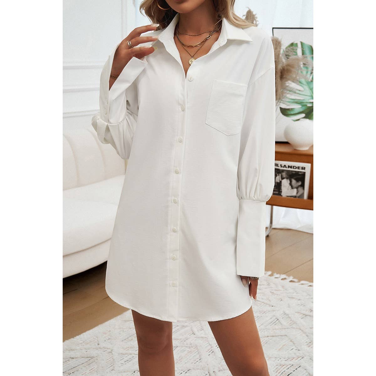 Pocket Solid Button Up Lantern Sleeve Shirt Dress - MVTFASHION.COM