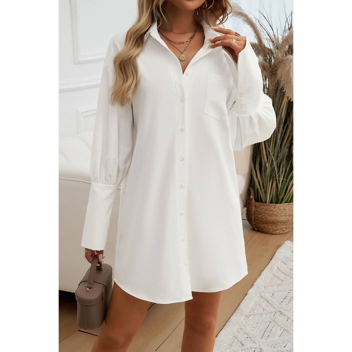 Pocket Solid Button Up Lantern Sleeve Shirt Dress - MVTFASHION.COM