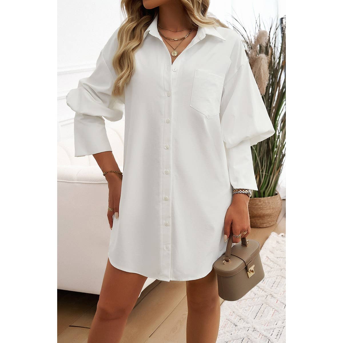 Pocket Solid Button Up Lantern Sleeve Shirt Dress - MVTFASHION.COM