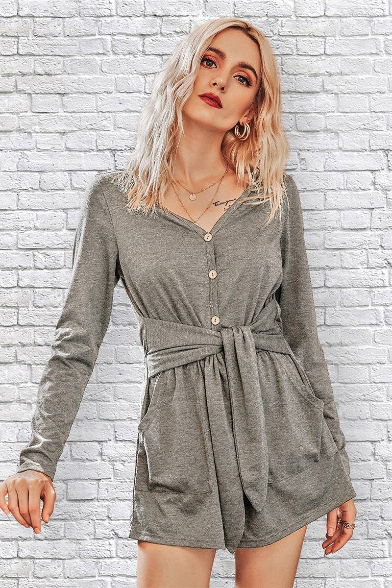 Pocket Tie-Waist Button-Front V-Neck Romper - MVTFASHION.COM