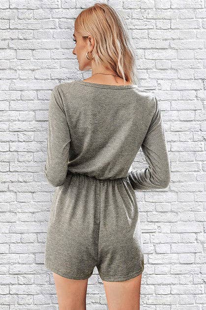 Pocket Tie-Waist Button-Front V-Neck Romper - MVTFASHION.COM