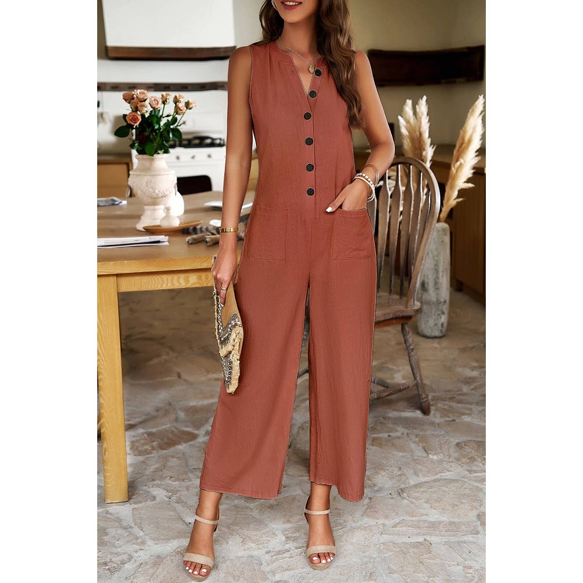 Pockets Button Tirm Wide Leg Sleeveless Jumpsuit - MVTFASHION.COM