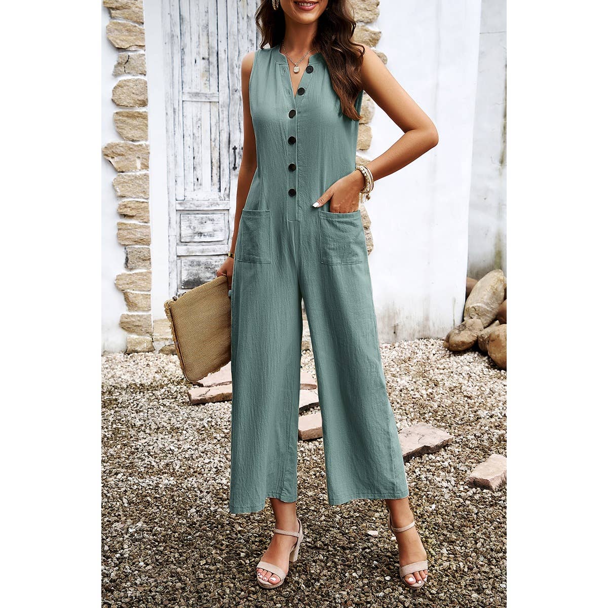 Pockets Button Tirm Wide Leg Sleeveless Jumpsuit - MVTFASHION.COM