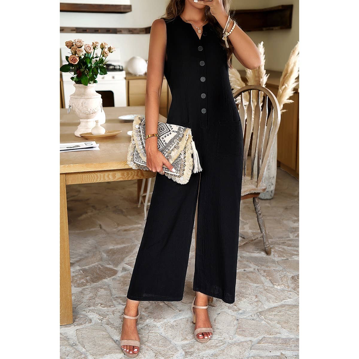 Pockets Button Tirm Wide Leg Sleeveless Jumpsuit - MVTFASHION.COM