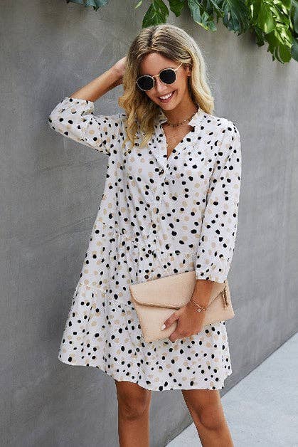 Polka Dot Long Sleeve Button Dress - MVTFASHION.COM