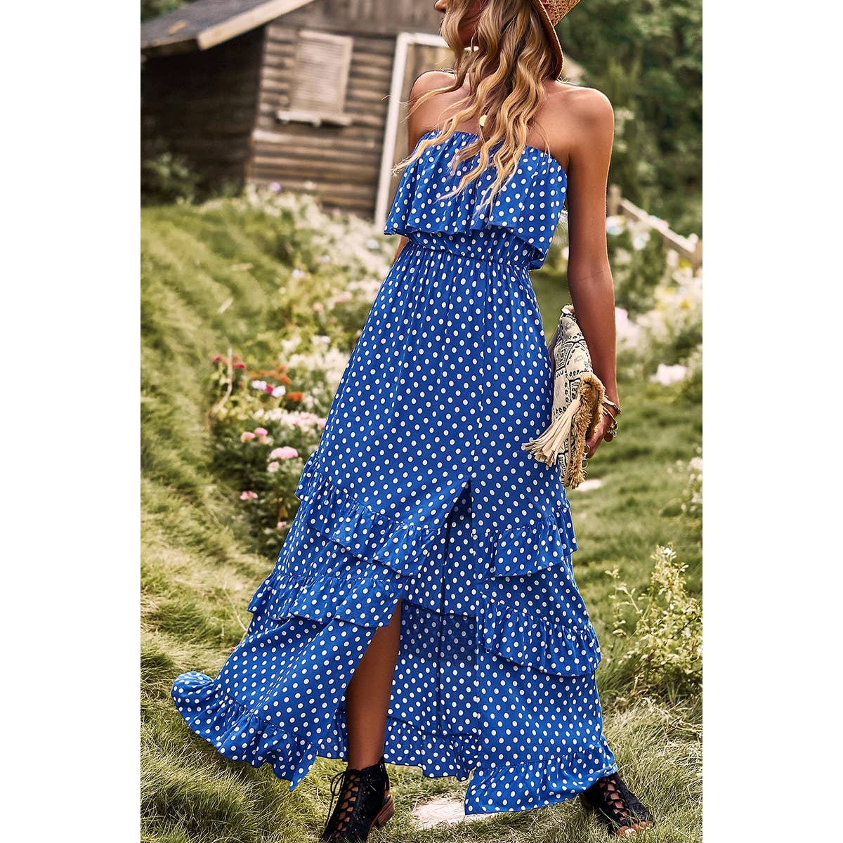 Polka Dot Sleeveless Lettuce Trim Ruffle Hem Dress - MVTFASHION.COM