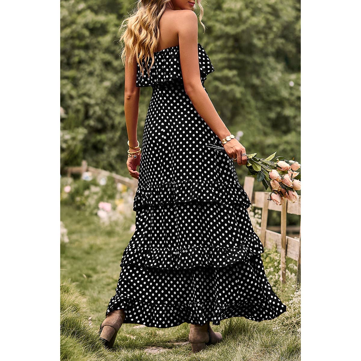 Polka Dot Sleeveless Lettuce Trim Ruffle Hem Dress - MVTFASHION.COM