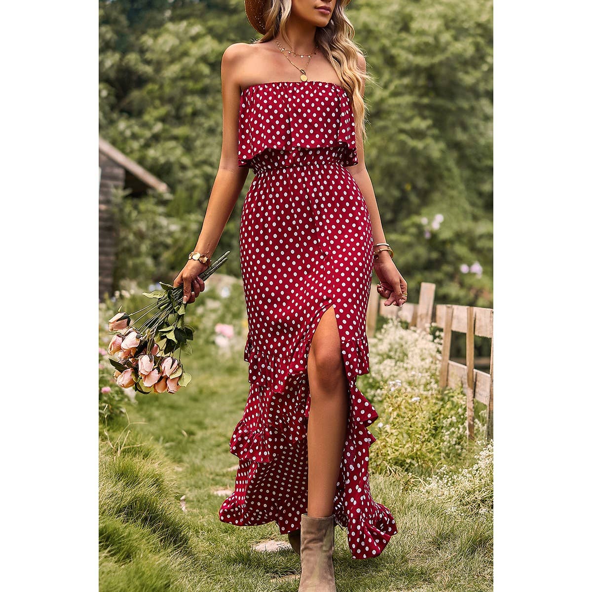 Polka Dot Sleeveless Lettuce Trim Ruffle Hem Dress - MVTFASHION.COM