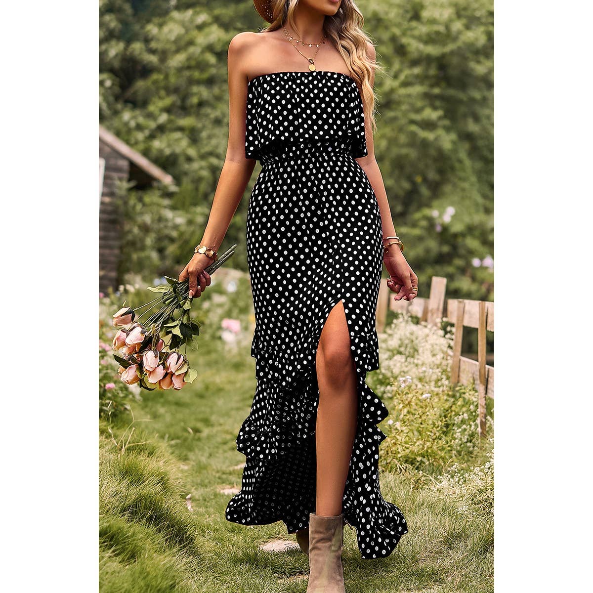 Polka Dot Sleeveless Lettuce Trim Ruffle Hem Dress - MVTFASHION.COM