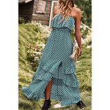 Polka Dot Sleeveless Lettuce Trim Ruffle Hem Dress - MVTFASHION.COM