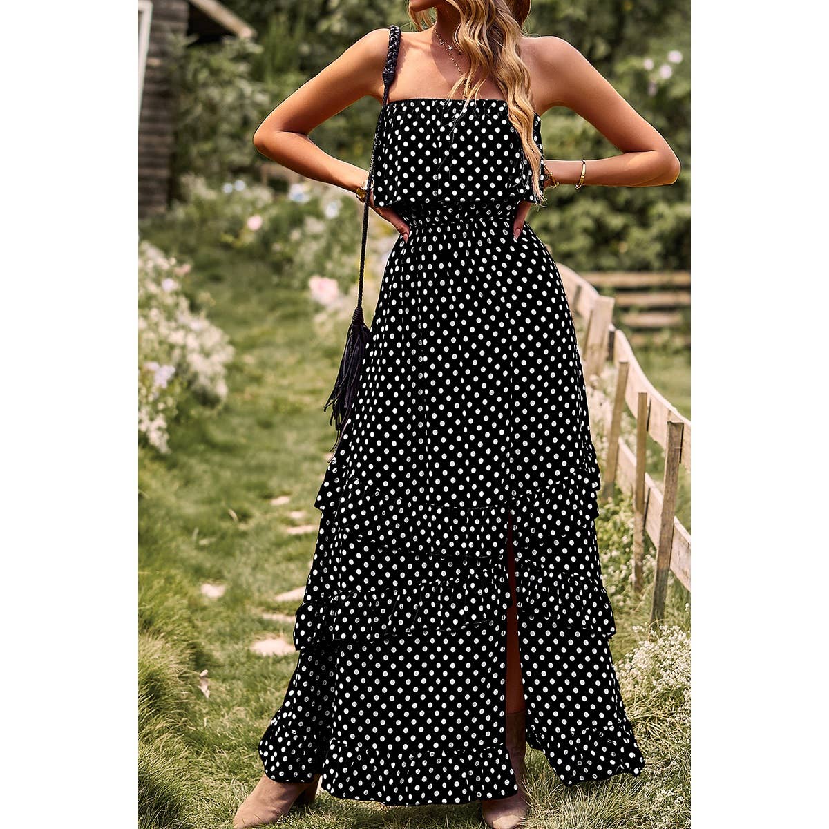 Polka Dot Sleeveless Lettuce Trim Ruffle Hem Dress - MVTFASHION.COM