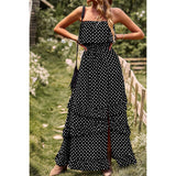 Polka Dot Sleeveless Lettuce Trim Ruffle Hem Dress - MVTFASHION.COM