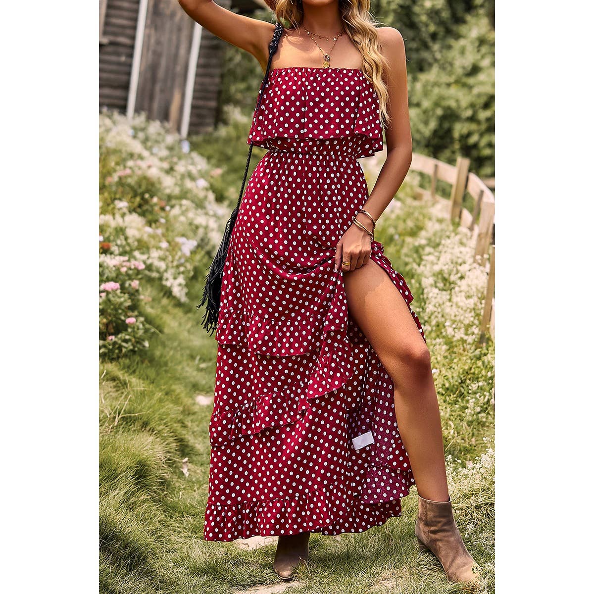 Polka Dot Sleeveless Lettuce Trim Ruffle Hem Dress - MVTFASHION.COM