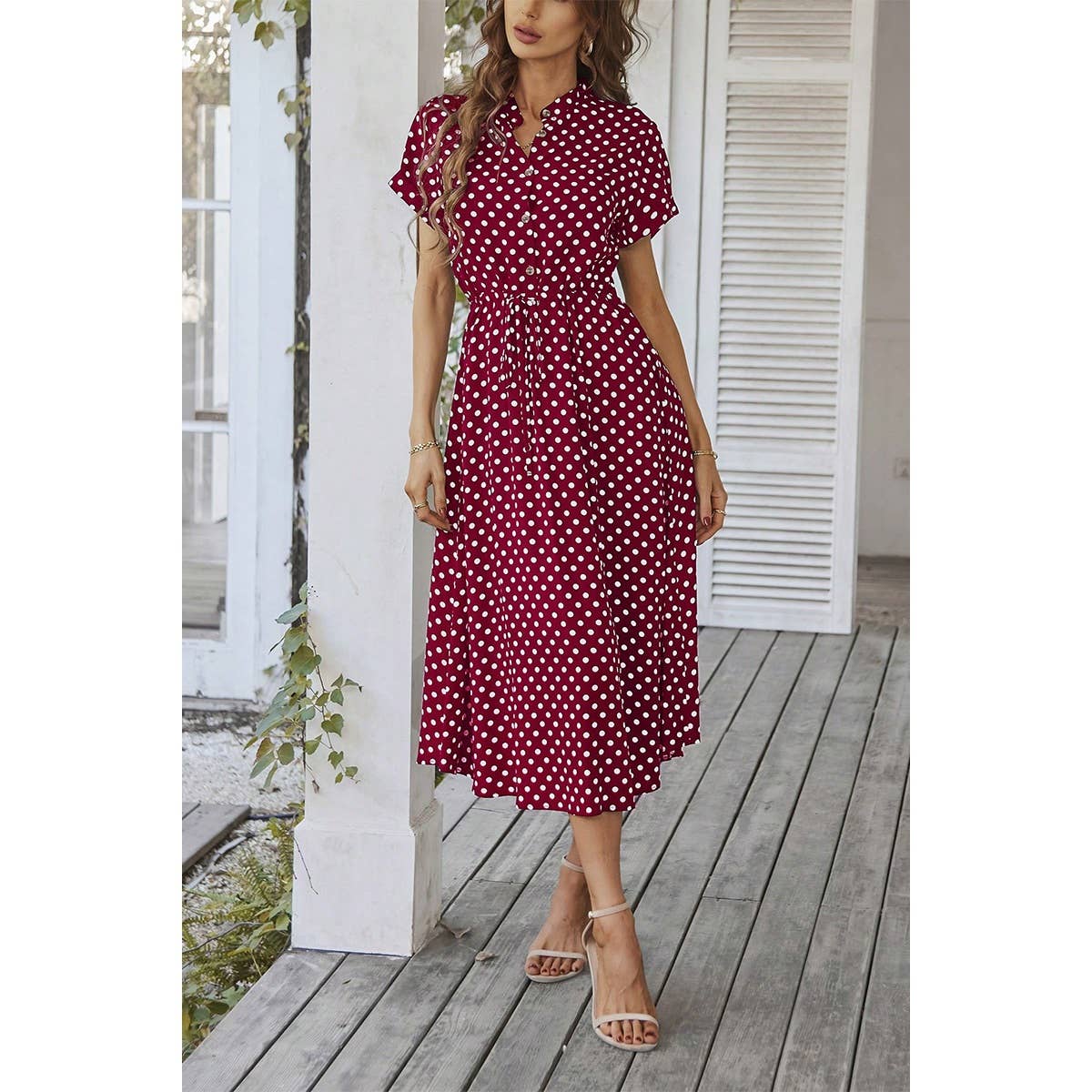 Polka Dot V Neck Button Belt Long Dress - MVTFASHION.COM