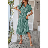 Polka Dot V Neck Button Belt Long Dress - MVTFASHION.COM