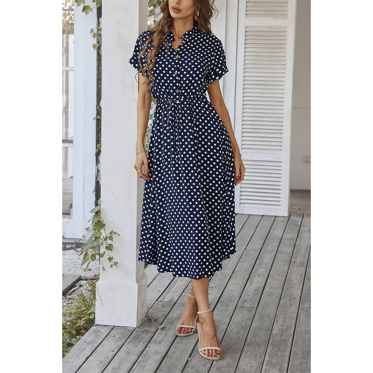 Polka Dot V Neck Button Belt Long Dress - MVTFASHION.COM