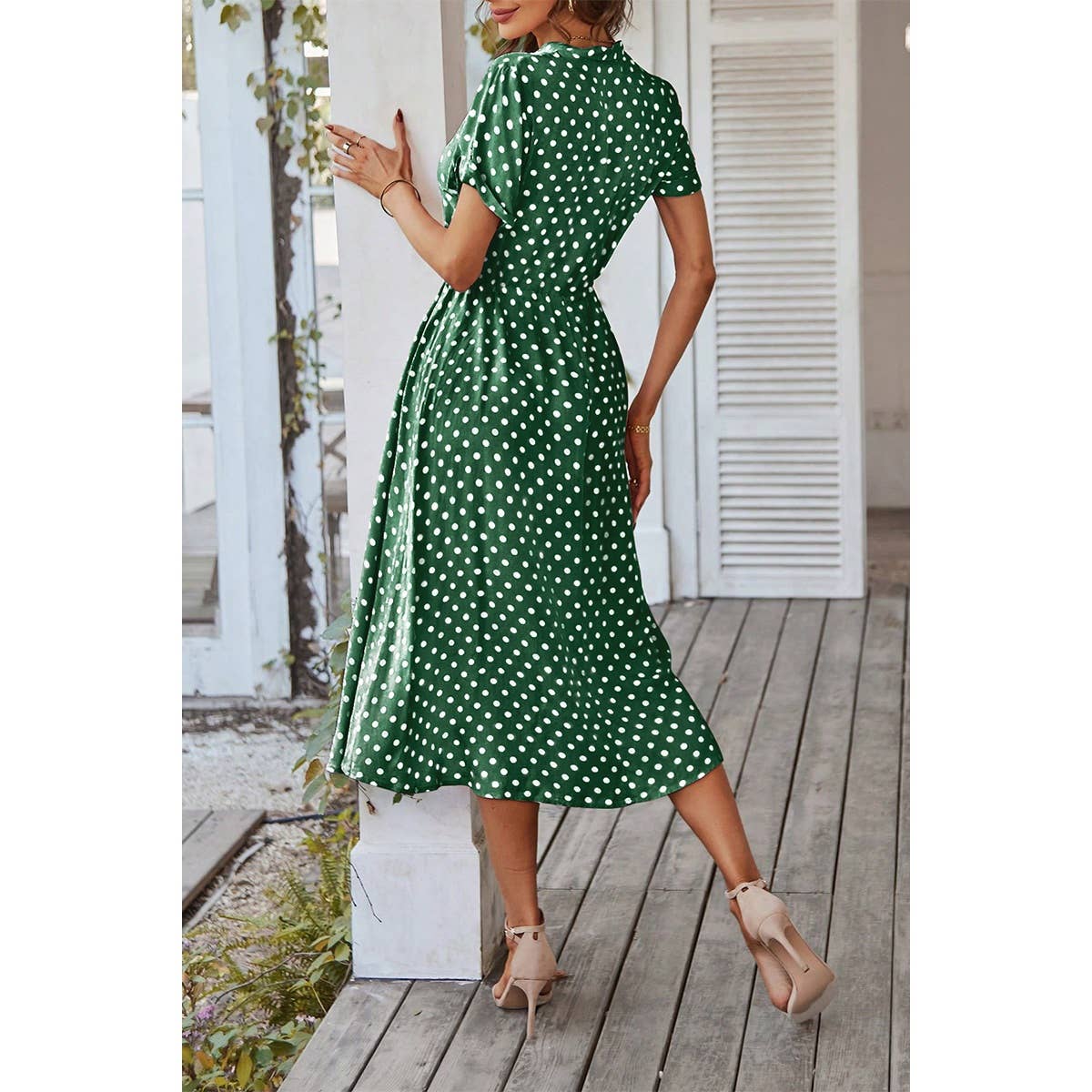 Polka Dot V Neck Button Belt Long Dress - MVTFASHION.COM
