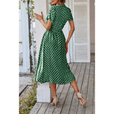 Polka Dot V Neck Button Belt Long Dress - MVTFASHION.COM