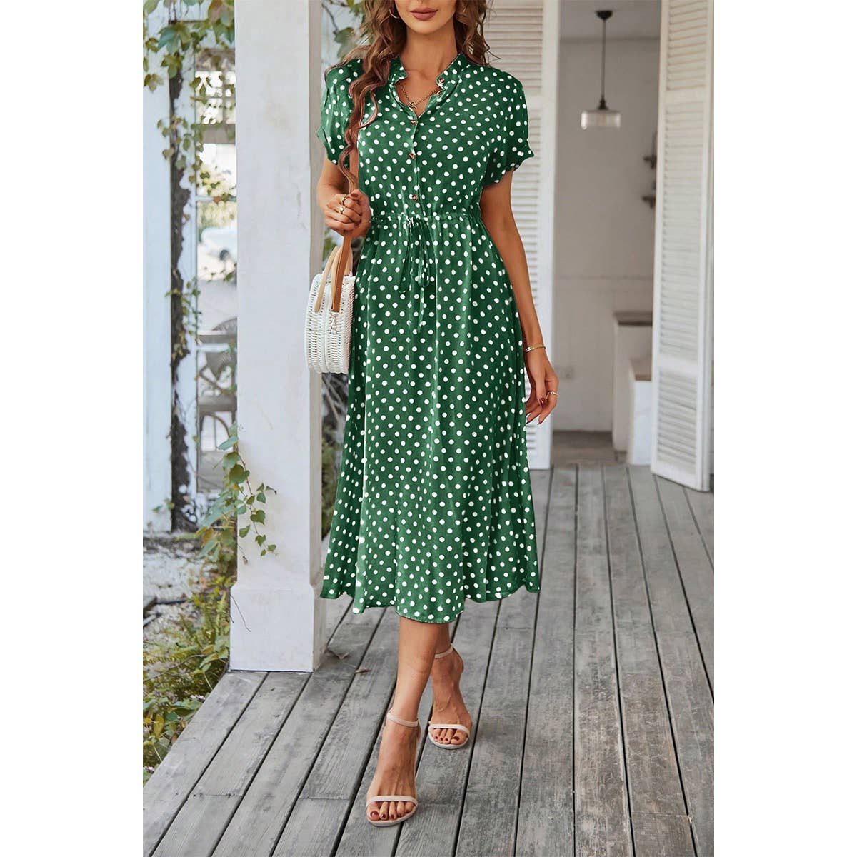 Polka Dot V Neck Button Belt Long Dress - MVTFASHION.COM