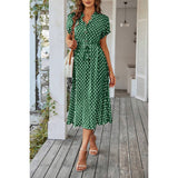 Polka Dot V Neck Button Belt Long Dress - MVTFASHION.COM