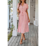 Polka Dot V Neck Button Belt Long Dress - MVTFASHION.COM