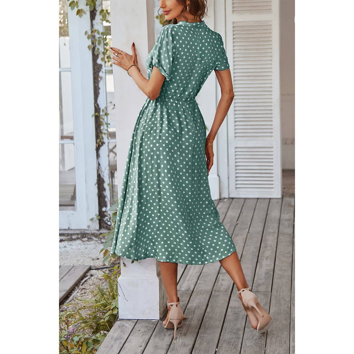 Polka Dot V Neck Button Belt Long Dress - MVTFASHION.COM