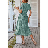 Polka Dot V Neck Button Belt Long Dress - MVTFASHION.COM