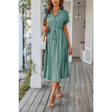 Polka Dot V Neck Button Belt Long Dress - MVTFASHION.COM