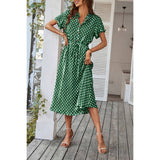 Polka Dot V Neck Button Belt Long Dress - MVTFASHION.COM