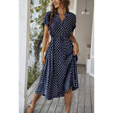 Polka Dot V Neck Button Belt Long Dress - MVTFASHION.COM