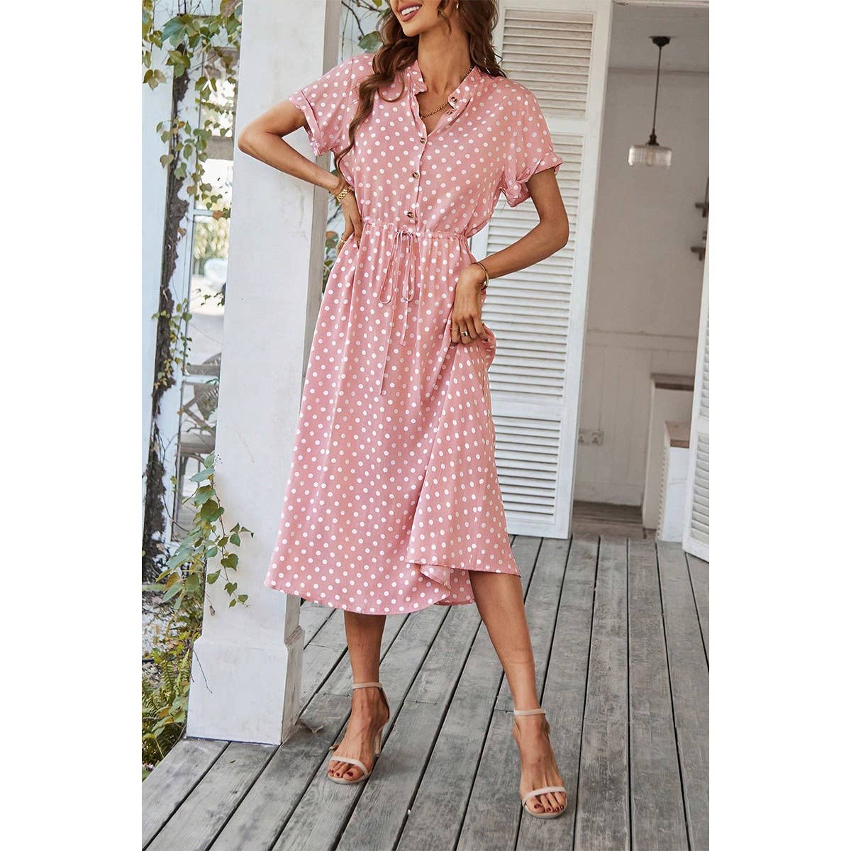 Polka Dot V Neck Button Belt Long Dress - MVTFASHION.COM