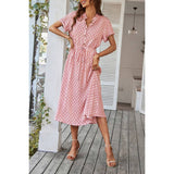 Polka Dot V Neck Button Belt Long Dress - MVTFASHION.COM