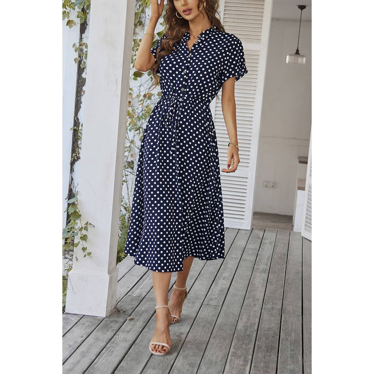 Polka Dot V Neck Button Belt Long Dress - MVTFASHION.COM