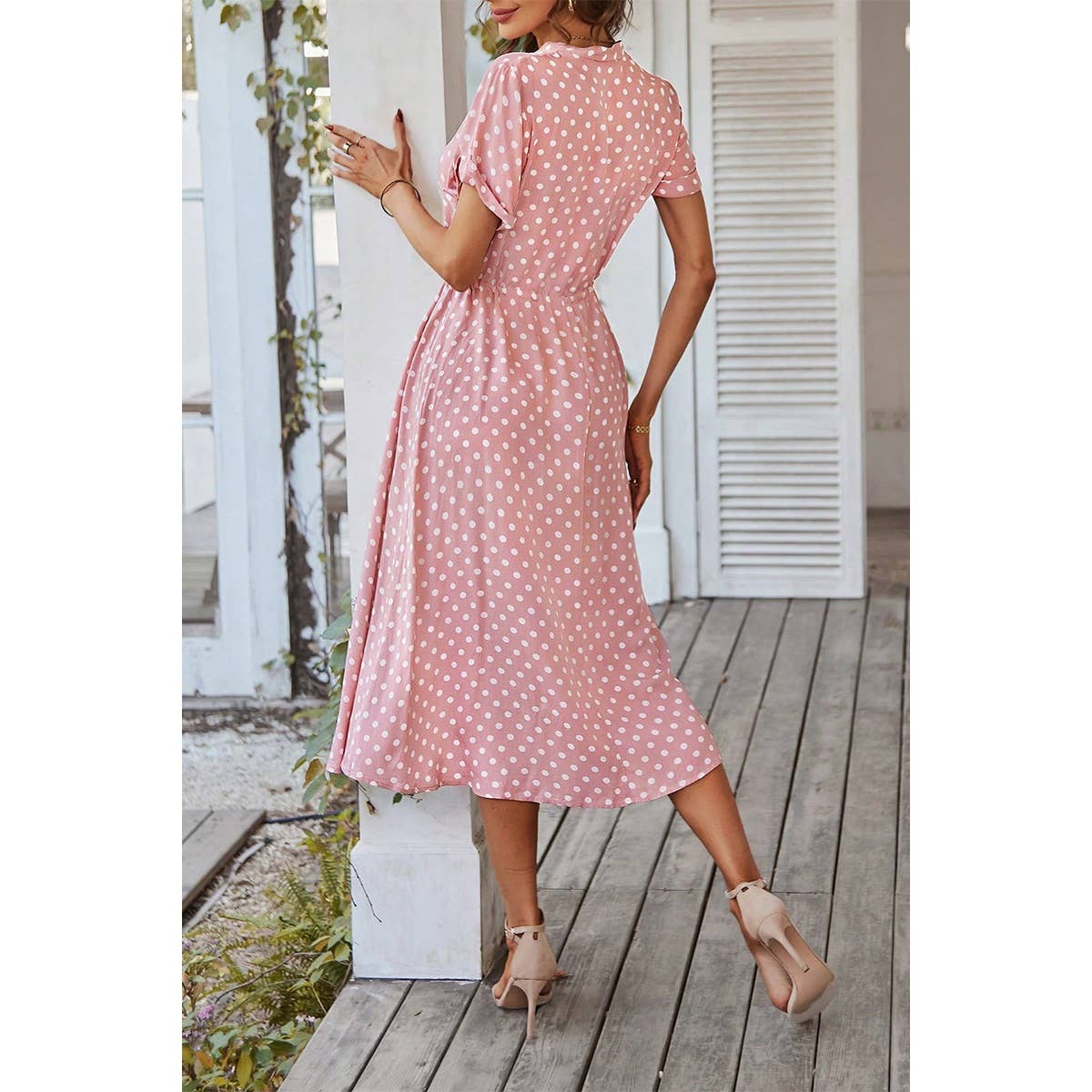 Polka Dot V Neck Button Belt Long Dress - MVTFASHION.COM