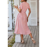 Polka Dot V Neck Button Belt Long Dress - MVTFASHION.COM