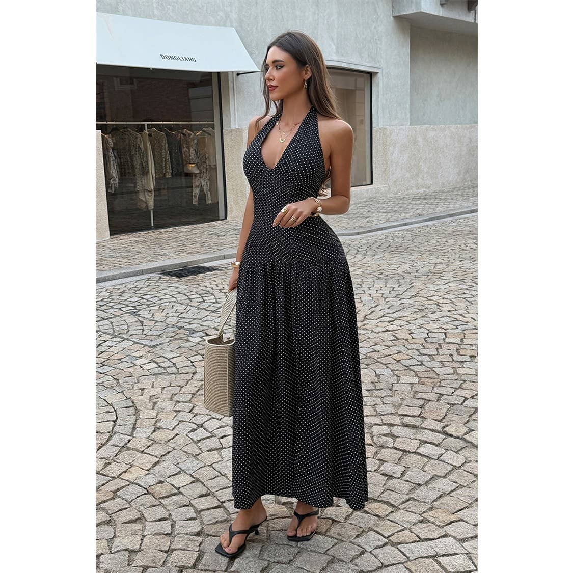 Polka Dot Vintage Halter Neck Maxi Dress - MVTFASHION.COM