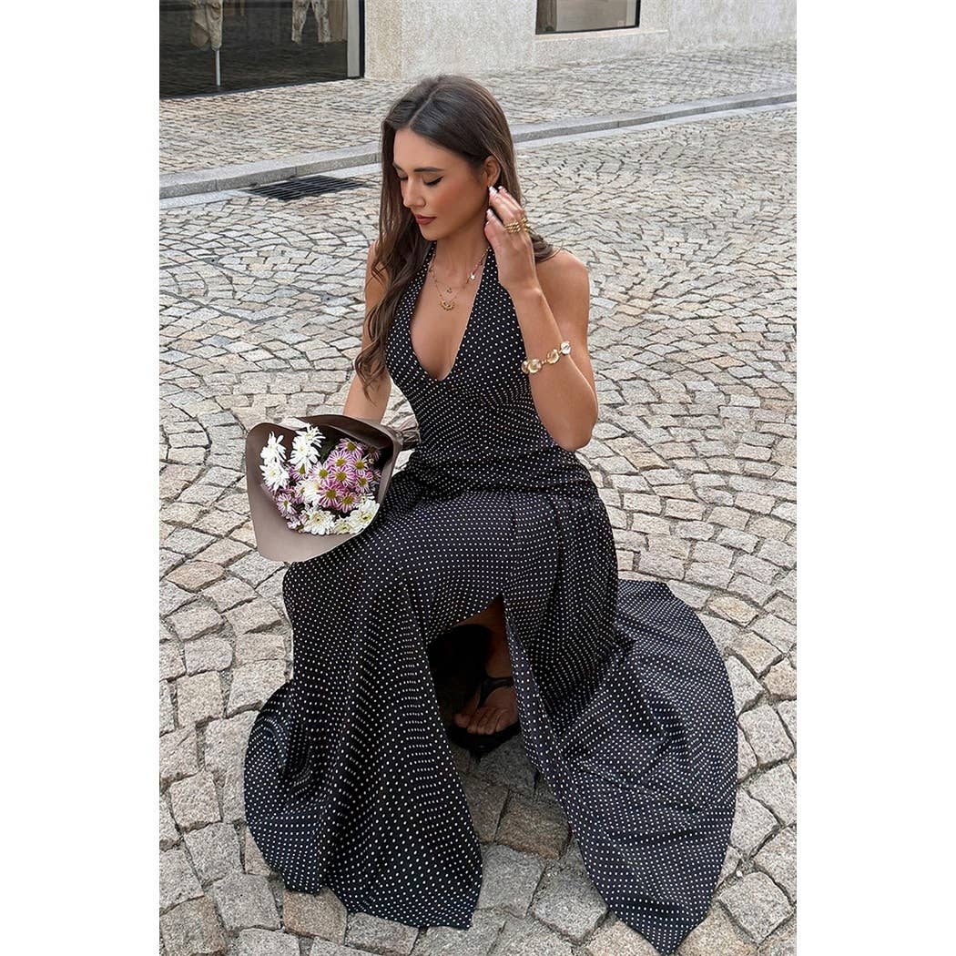 Polka Dot Vintage Halter Neck Maxi Dress - MVTFASHION.COM