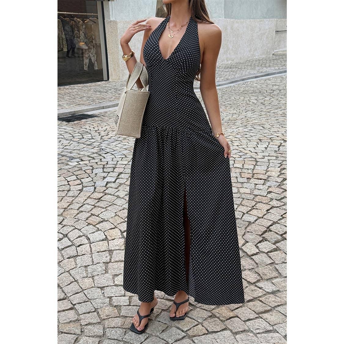 Polka Dot Vintage Halter Neck Maxi Dress - MVTFASHION.COM