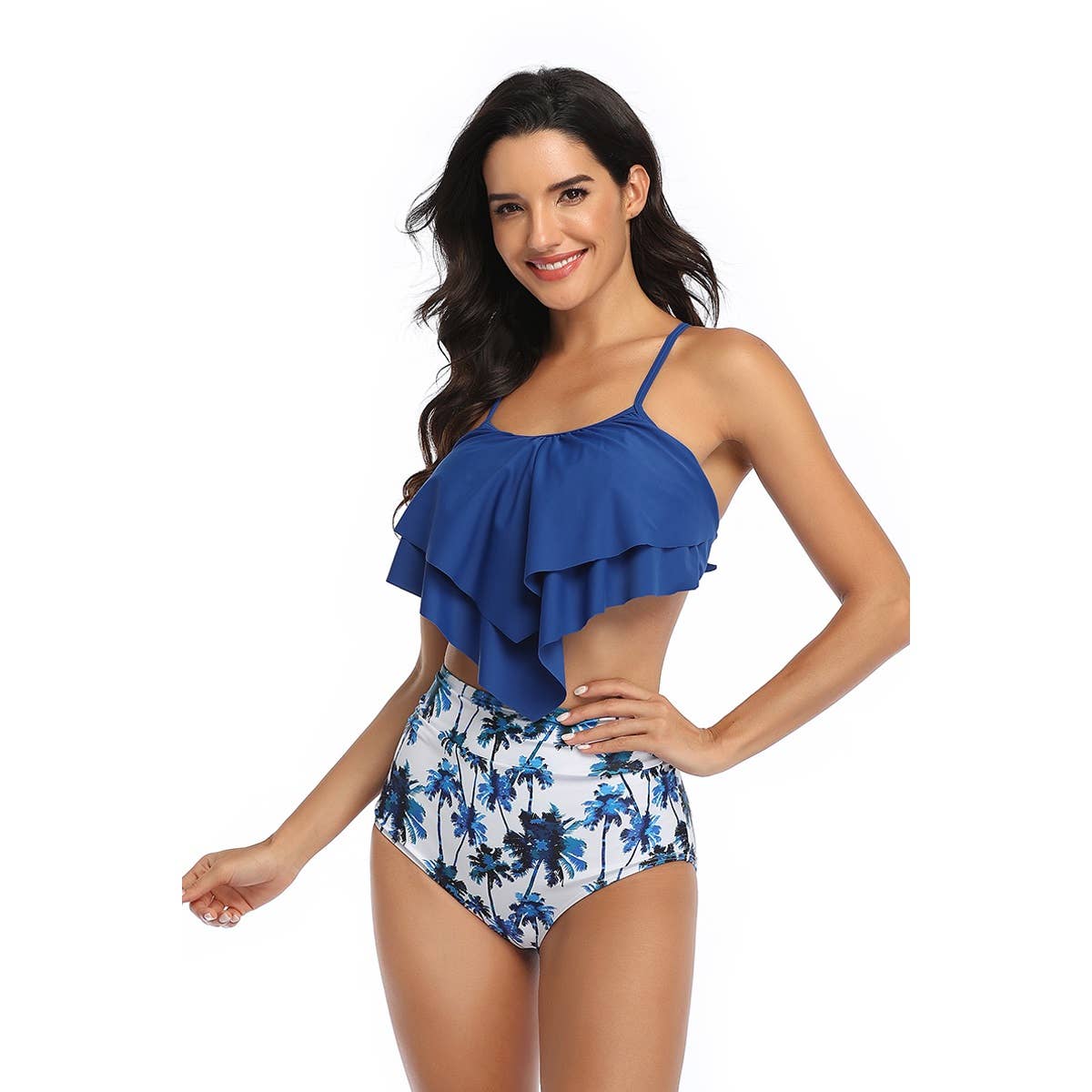 Print Sleeveless Ruffle Push Up High Waisted Bikini - MVTFASHION.COM