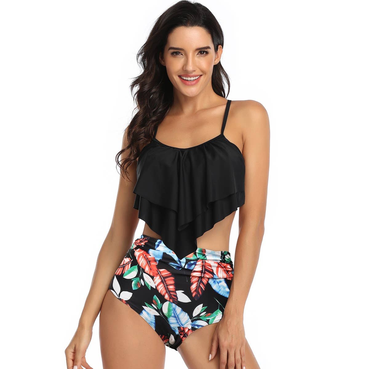 Print Sleeveless Ruffle Push Up High Waisted Bikini - MVTFASHION.COM
