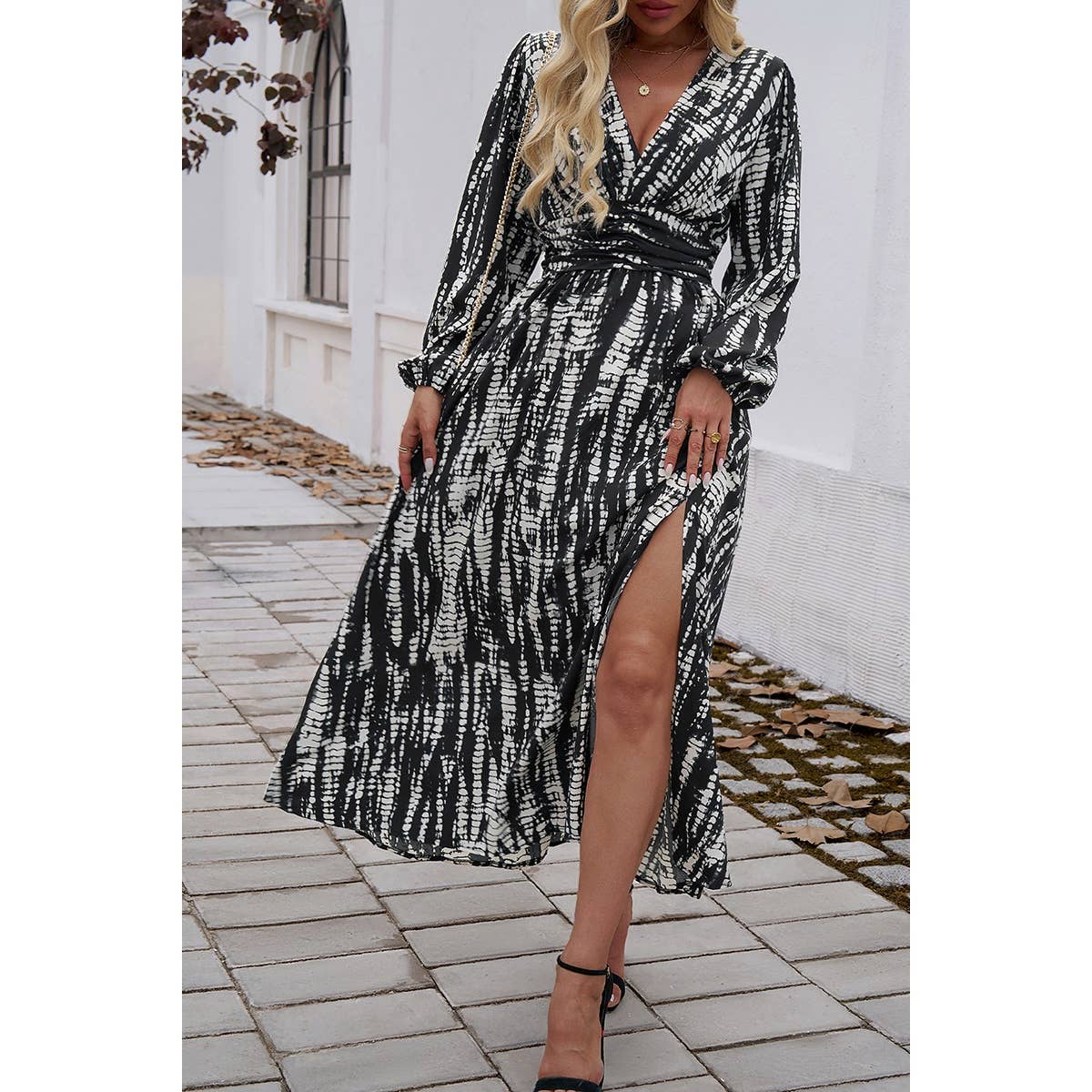 Print V Neck Tie Waist Fit Long Dress - MVTFASHION.COM